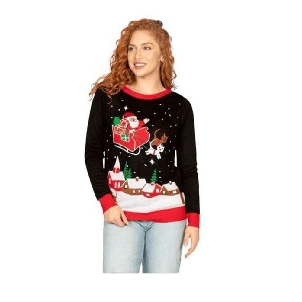 Tipsy Elves Meowy Christmas Sleigh Light Up Ugly Christmas Sweater Blue Red Knit
